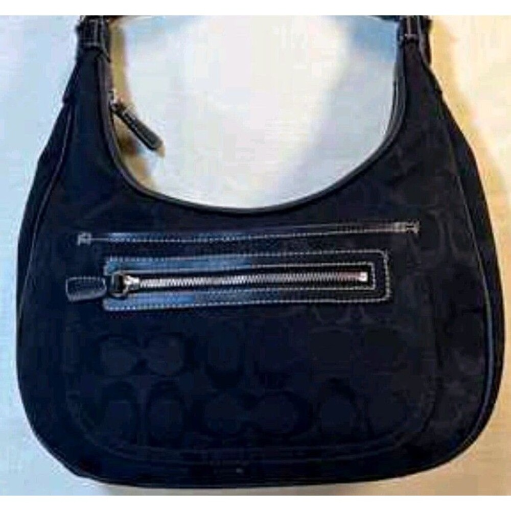 Coach Black Signature Medium Crescent Hobo Shoulder Bag w/ Front Zip Pocket